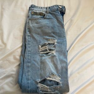 MOMOKROM JEANS. WORN ONCE. Straight legged with jean rips only on the front.